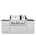 Broil King Imperial S 690ie Smart Grill Island with closed dual stainless steel hoods and cabinet doors, front view.