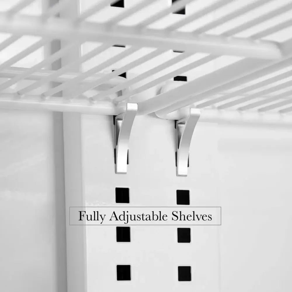 Detail view of the adjustable wire shelving and metal support clips in a KingsBottle G380 commercial refrigerator.
