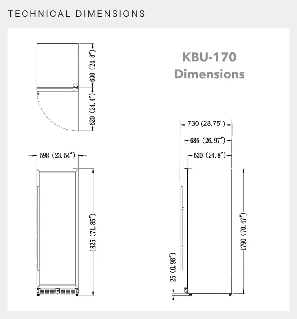Technical dimensions drawing of KingsBottle KBU-170 wine refrigerator showing height, width, and depth measurements.
