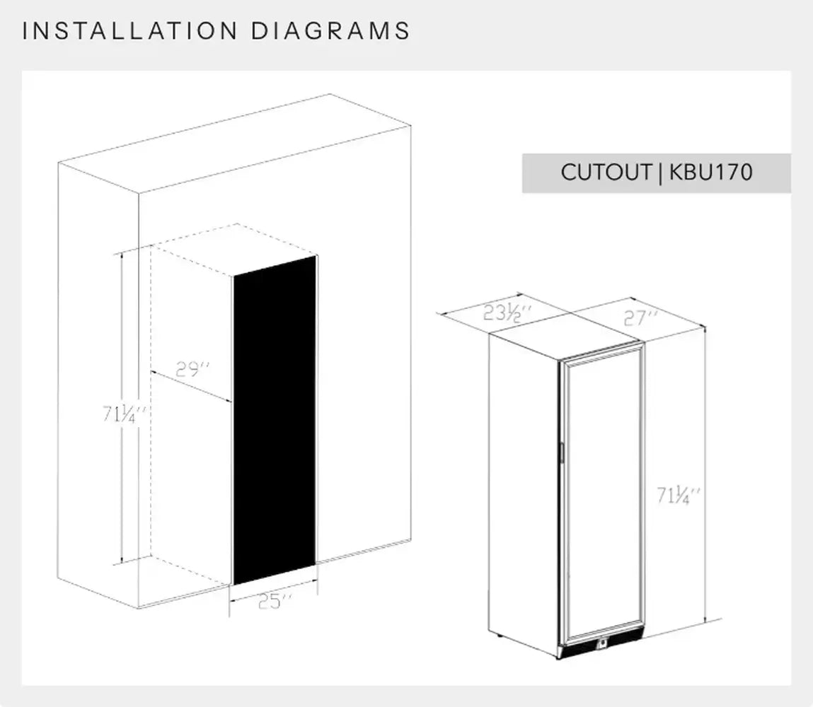 Installation diagram for KingsBottle KBU170 wine fridge showing required cabinet cutout dimensions for built-in placement.