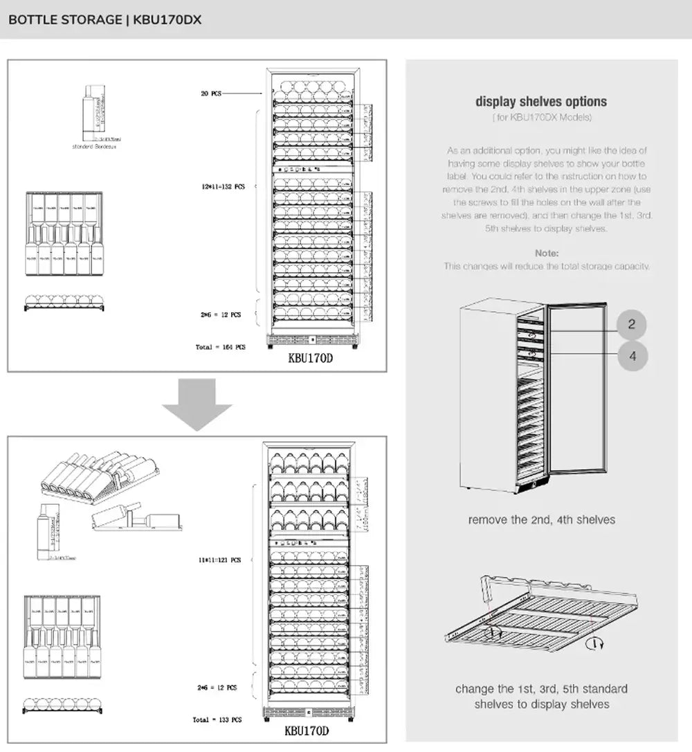 Storage capacity diagram for KBU170DX showing 164-bottle standard configuration versus 133-bottle display shelf layout.