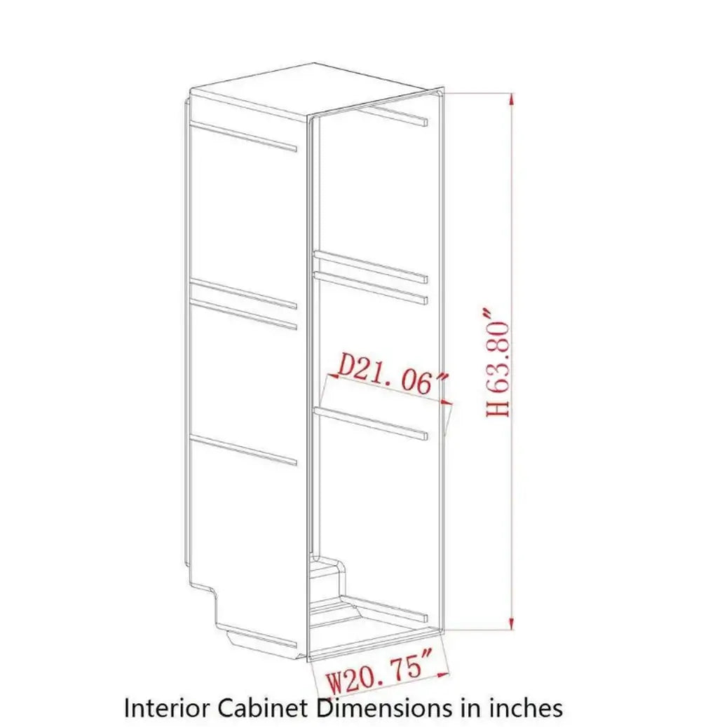 Interior cabinet dimensions for KingsBottle large wine cooler showing internal height, width, and depth for bottle storage.