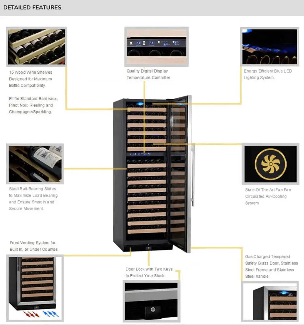 Infographic of KingsBottle KBU170DX features including fan-circulated cooling, safety lock, and steel ball-bearing shelf slides.