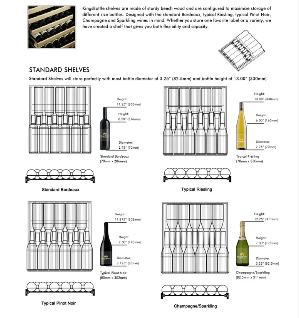 KingsBottle wine shelf compatibility chart showing storage for Bordeaux, Riesling, Pinot Noir, and Champagne bottles.