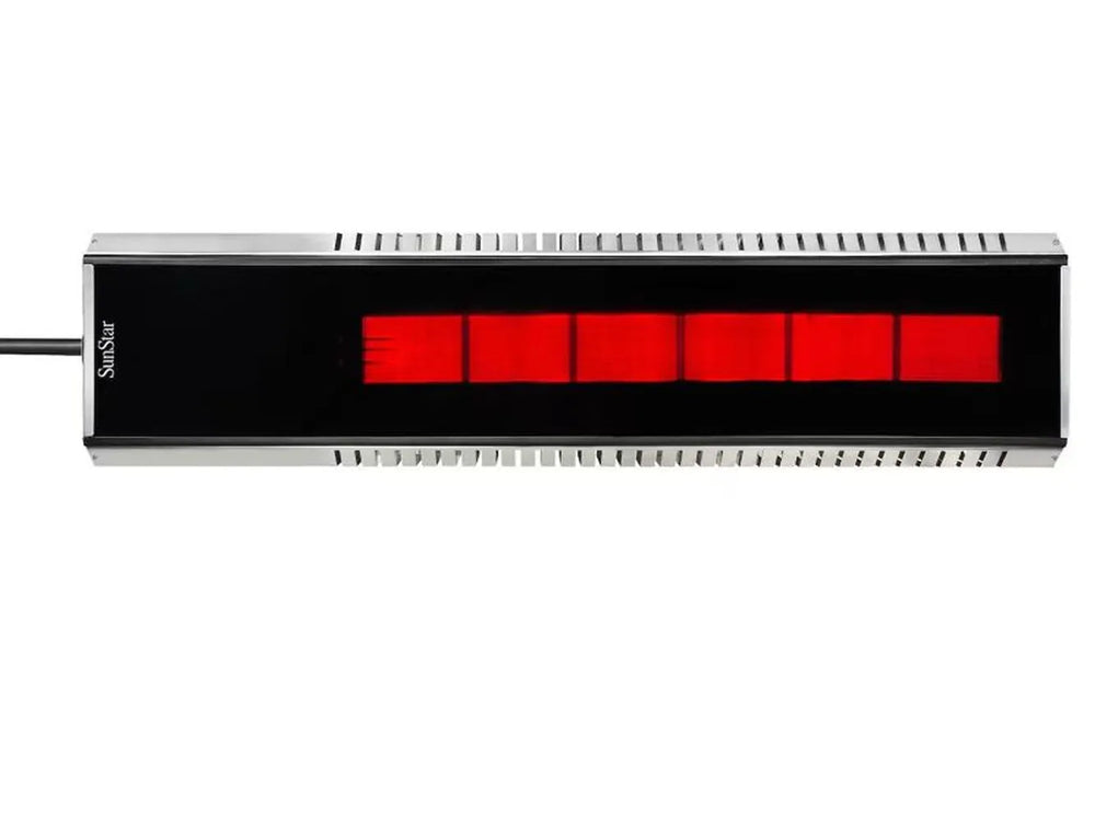 Straight-on view of the 48-inch SunStar MGL0 marine heater face, highlighting the 35,000 BTU radiant heating element.