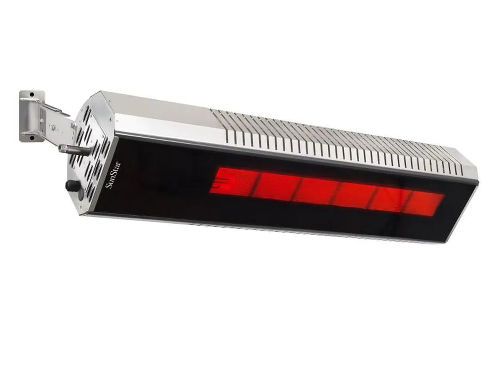 Angled view of the open-face SunStar MGL0 marine gas infrared heater showing its powerful ceramic burner.