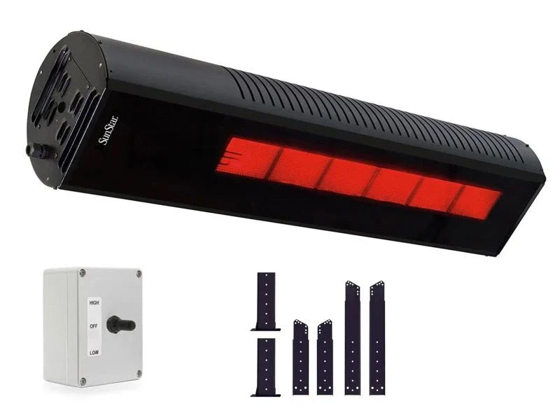 SunStar SGL1560 48-inch gas infrared patio heater with sleek black glass front and 35,000 BTU output.