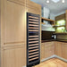 KingsBottle KBU170DX-FG large dual zone wine refrigerator with a seamless borderless glass door built into modern light wood kitchen cabinetry.