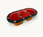 Miya oval luxury poker table with red LED lighted rail, custom skeleton artwork felt and cup holders