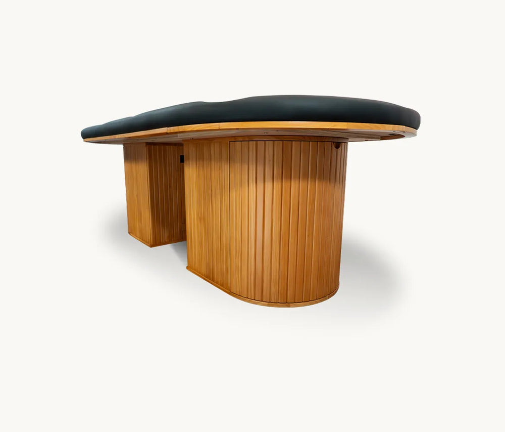 Miya Japandi-inspired poker table base with fluted wood pedestal and soft-close cabinet doors