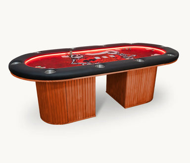 BBO Halo Series Miya oval poker table with illuminated red playing surface and fluted wood base