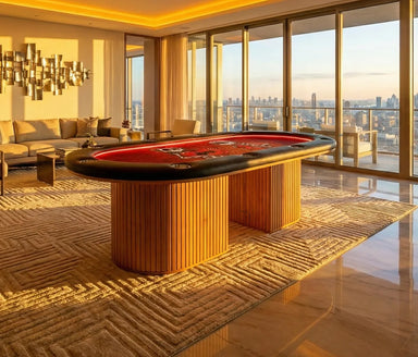 Miya designer poker table in luxury penthouse with LED rail, red felt and modern city view