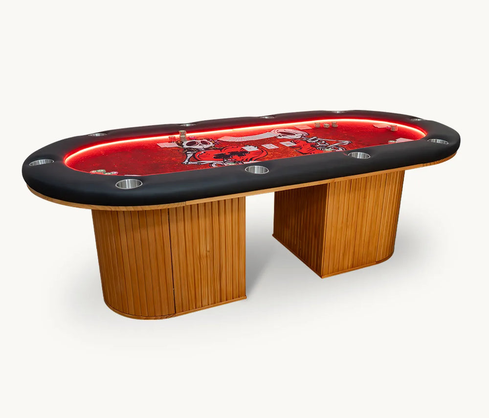 Miya 10-player LED poker table with custom skeleton felt, padded armrest and stainless cup holders
