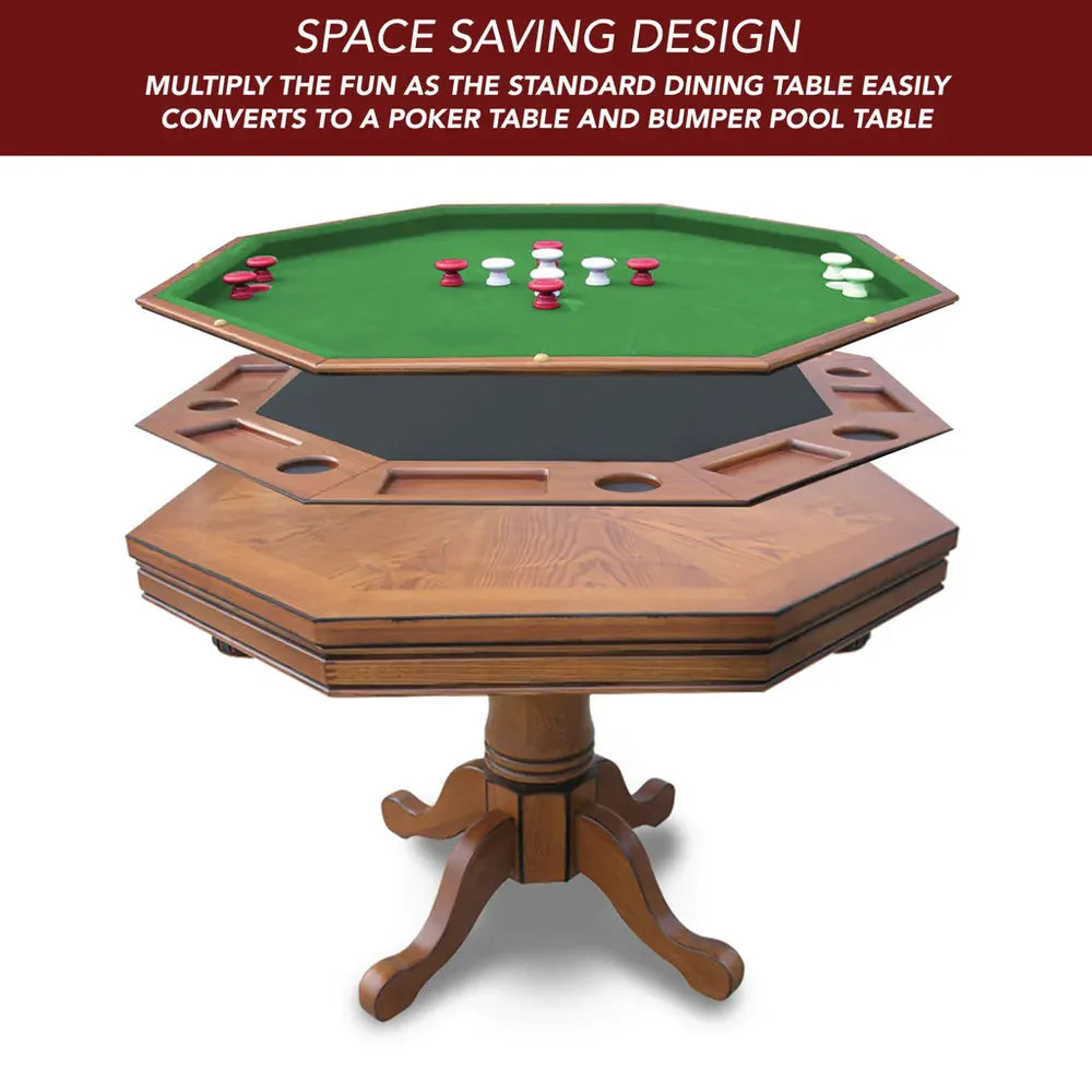 3-in-1 space-saving game table diagram showing how the dining top converts into a poker surface and a bumper pool table.