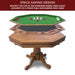3-in-1 space-saving game table diagram showing how the dining top converts into a poker surface and a bumper pool table.