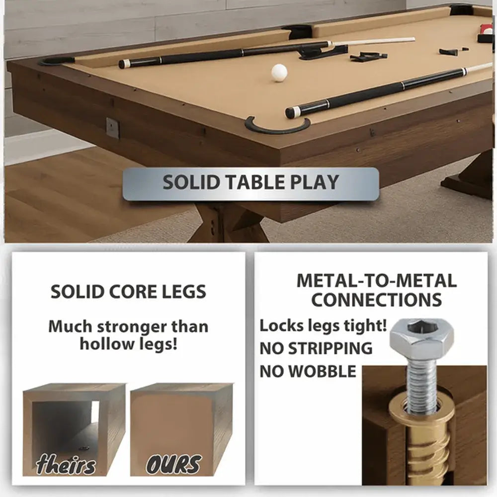 Freetime Fun Rockford Multi-Game Table construction: solid core legs and metal-to-metal connections eliminate wobble