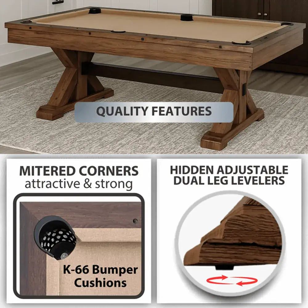 Quality construction features of Freetime Fun Rockford 7' Table: K-66 Bumper Cushions, Mitered Corners, and adjustable leg levelers