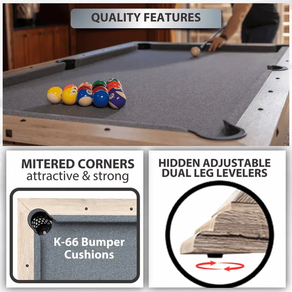 Quality features of Freetime Fun Rockford Table: K-66 bumper cushions, mitered corners, and hidden adjustable leg levelers