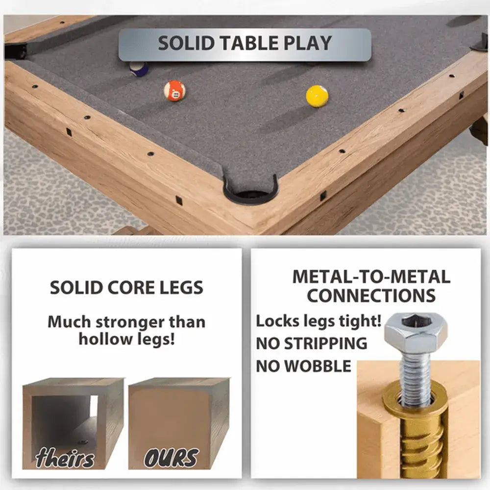 Freetime Fun Rockford Multi-Game Table construction: solid core legs and metal-to-metal connections for no-wobble stability