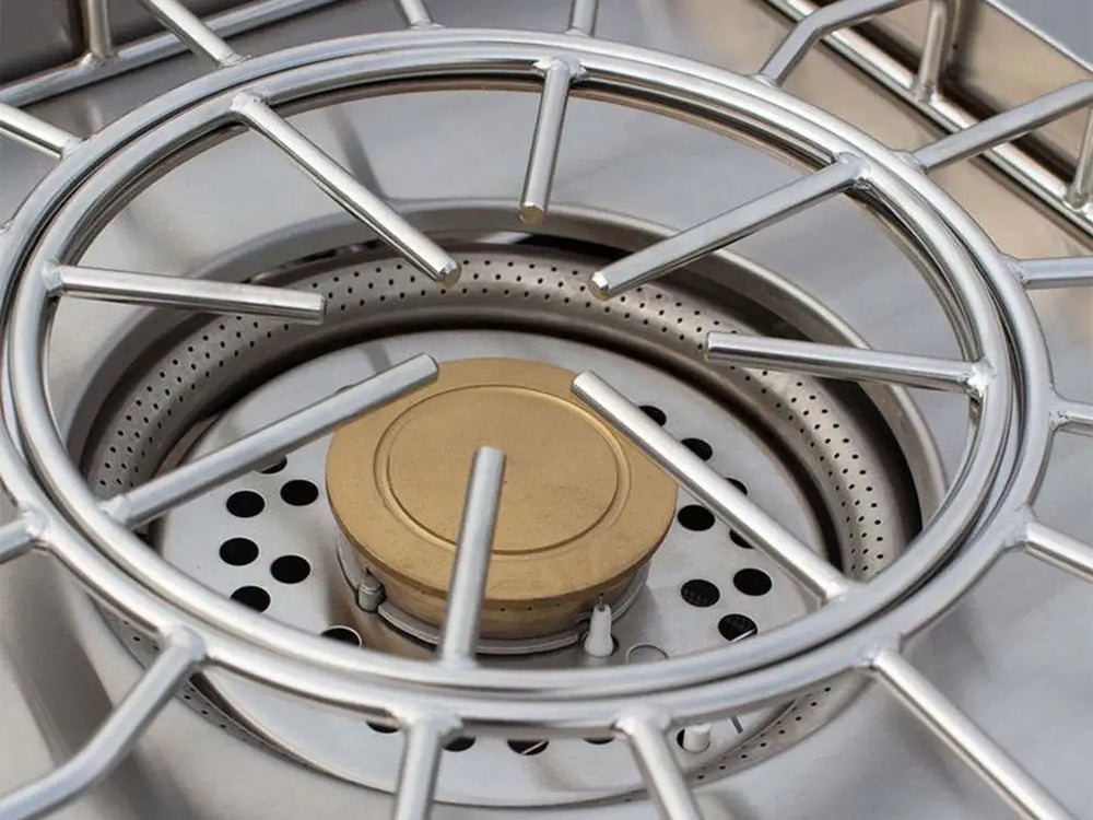 Close-up of the brass burner and heavy-duty wok grate on the AMG Muscle 65K BTU Power Burner
