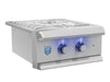 Angled view of the Muscle Series MUSPB2 Power Burner with blue LED lighting and commercial-style grates