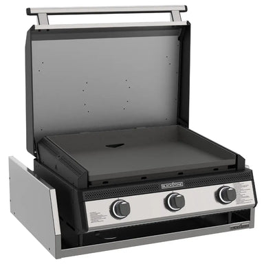 Angled view of Blackstone 28-inch drop-in gas griddle with open stainless steel hood and triple burner layout