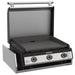 Angled view of Blackstone 28-inch drop-in gas griddle with open stainless steel hood and triple burner layout