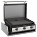 Angled view of Blackstone 28-inch drop-in gas griddle with open stainless steel hood and triple burner layout