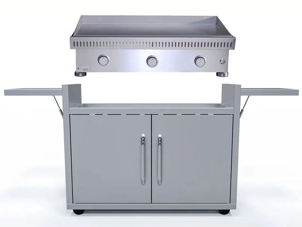 Le Griddle OML105C3 3-burner gas griddle on stainless cart with side shelves