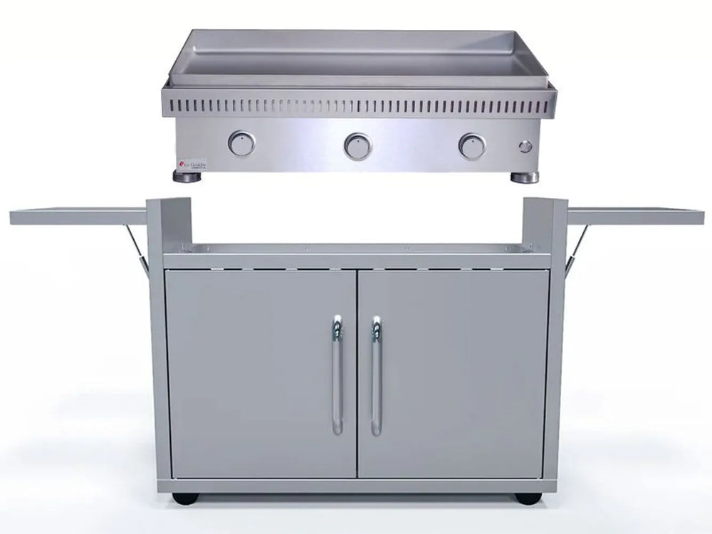 Le Griddle OML105C6 3-burner gas griddle on stainless cart with side shelves