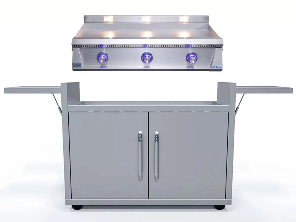 Le Griddle OML105P3 3-burner gas griddle on stainless cart with side shelves