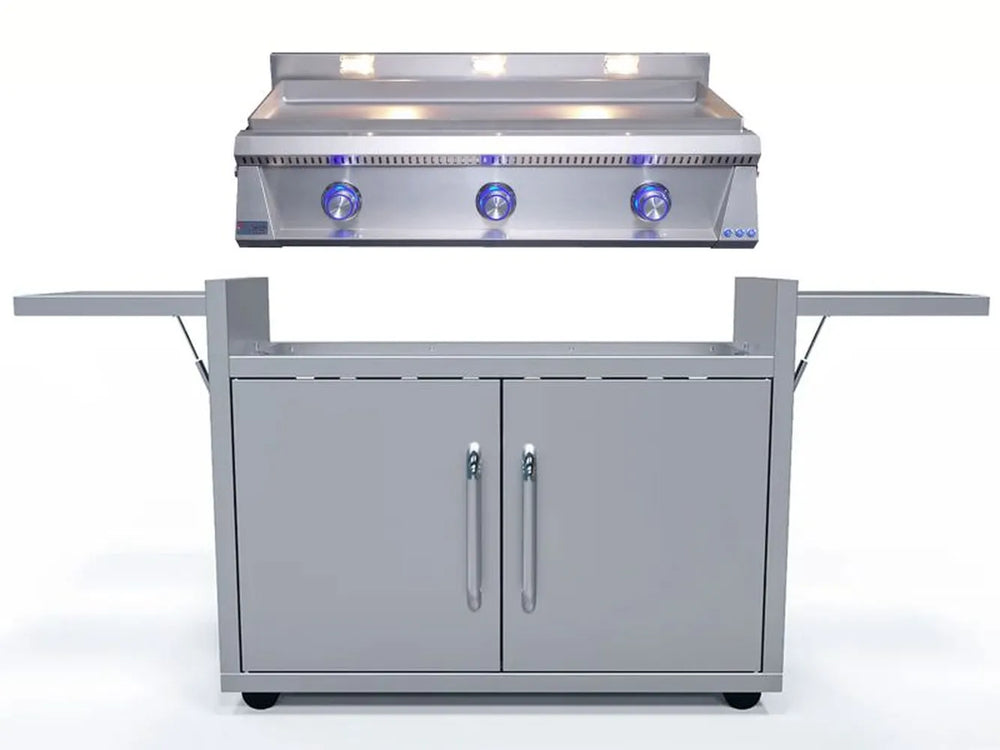Le Griddle OML105P6 gas griddle with 6mm plate on stainless cart with side shelves