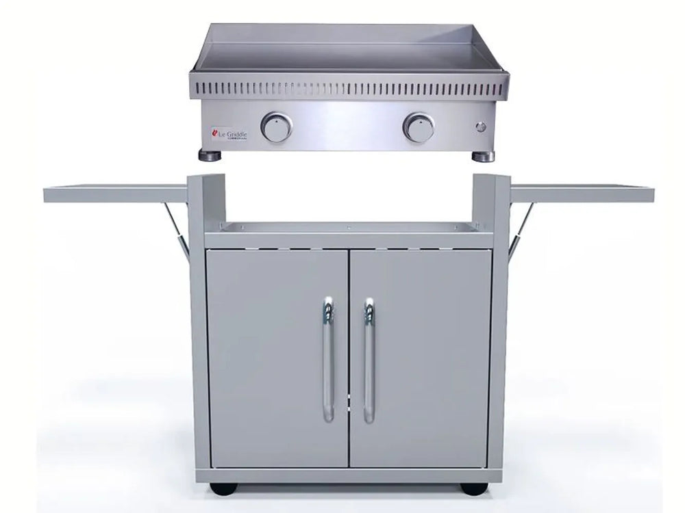 Le Griddle OML75C3 gas griddle on stainless cart with side shelves