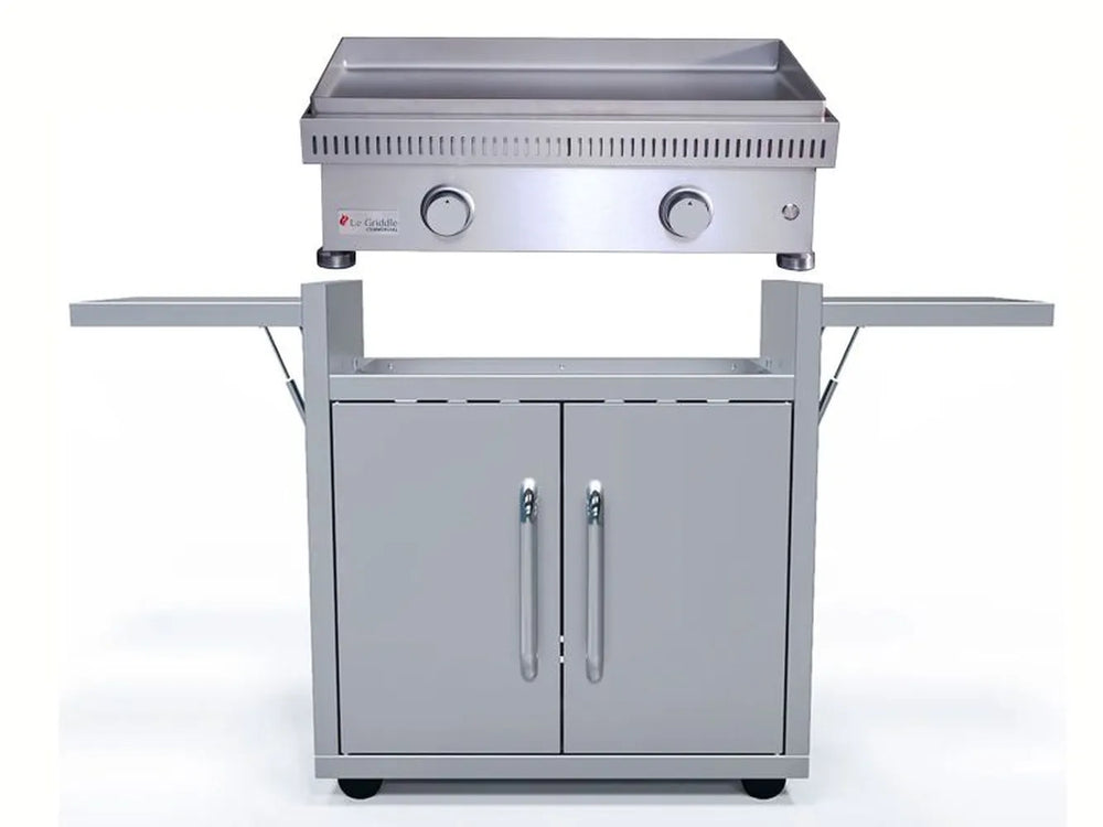 Le Griddle OML75C6 gas griddle on stainless cart with side shelves