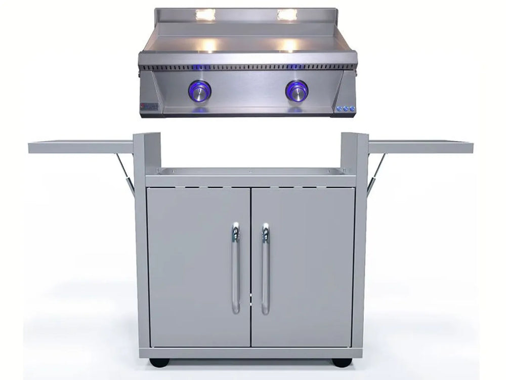 Le Griddle Pro Series 75 gas griddle with 2-burner cabinet cart and side shelves