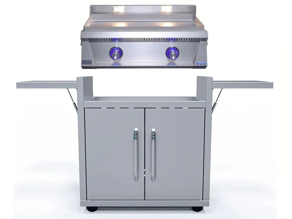 Le Griddle OML75P6 gas griddle with 6mm plate on stainless cart with side shelves