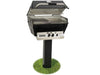 Broilmaster 25-inch grill open on a permanent post mount with half stainless steel grate and half griddle plate accessory
