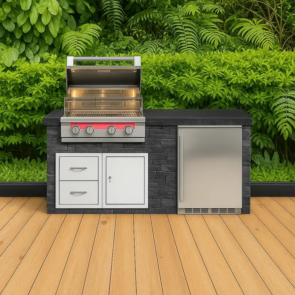 Tru Innovative 6ft Grill Island TrueFlame Ready with stainless steel grill, mini-fridge, and black brick base on a wooden deck.
