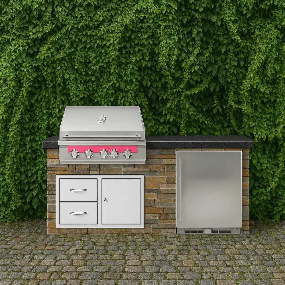 Tru Innovative 6ft TrueFlame Ready Grill Island with stainless steel appliances and natural stone/tan brick base on a cobblestone patio.