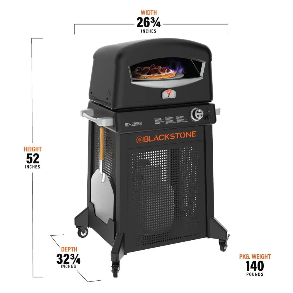 Blackstone gas-fired pizza oven cooking pizza with flames inside, shown with full dimensions and specs