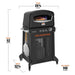 Blackstone gas-fired pizza oven cooking pizza with flames inside, shown with full dimensions and specs