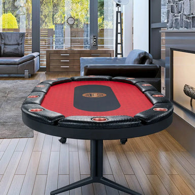 Triton 10 player folding poker table in a modern living room with red felt surface, black center area, padded rail, and cup holders.