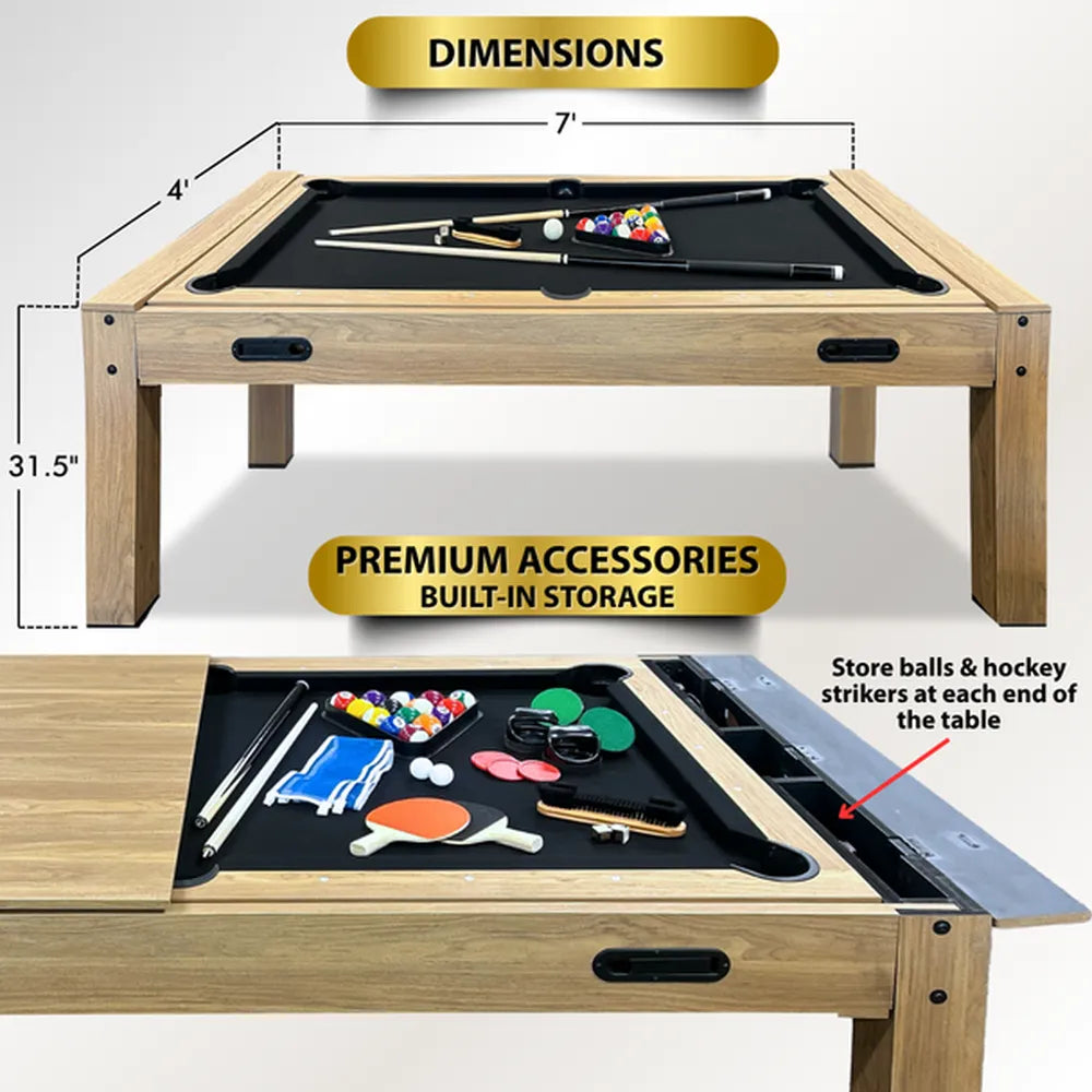 Freetime Fun 4-in-1 multi-game table with dimensions of 7 feet by 4 feet and 31.5 inches height, showing built-in storage for premium accessories like billiard balls and hockey strikers.
