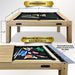 Freetime Fun 4-in-1 multi-game table with dimensions of 7 feet by 4 feet and 31.5 inches height, showing built-in storage for premium accessories like billiard balls and hockey strikers.