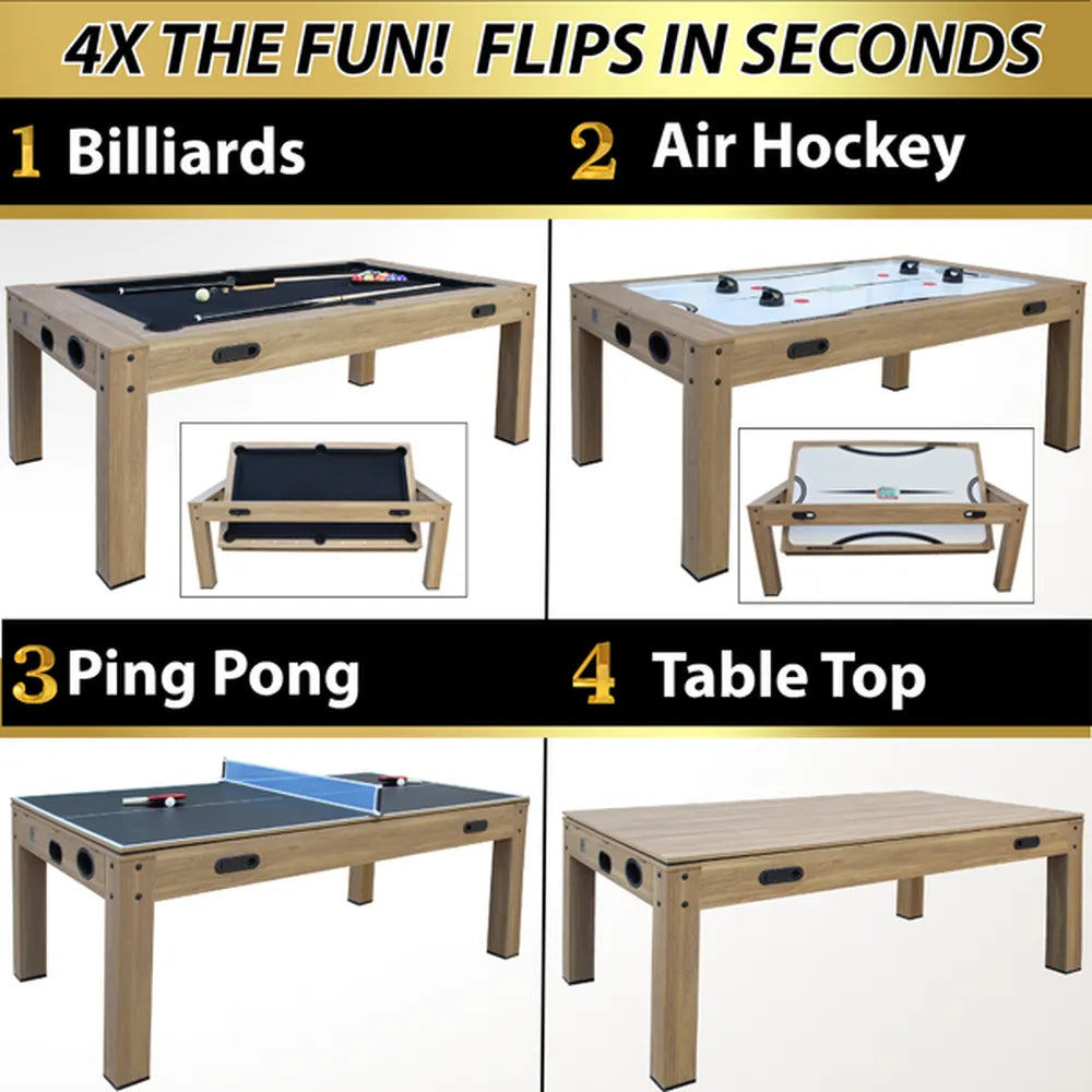 Freetime Fun Transformer 7-foot 4-in-1 multi-game table set up for billiards, showing locking swivel cabinet, built-in end storage, and wood-grained melamine finish