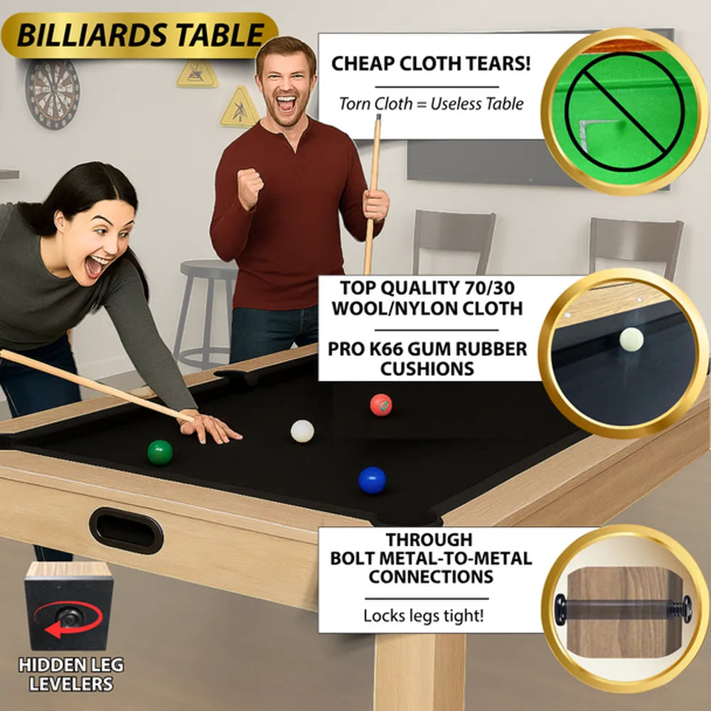 People playing billiards on the Freetime Fun multi-game table, highlighting top-quality wool/nylon cloth, K66 gum rubber cushions, and hidden leg levelers.