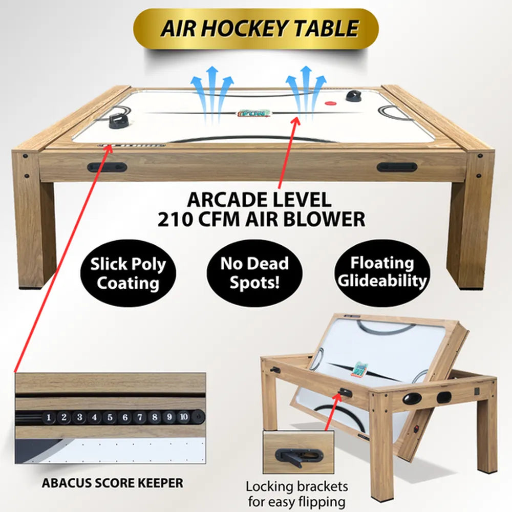 Freetime Fun Transformer multi-game table in air hockey mode showing poly-coated playing surface, aluminum-capped rails, high-powered air blower, and dual inlaid slide scorers
