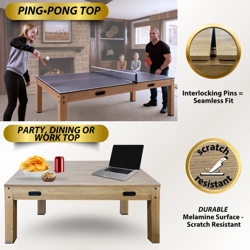 Freetime Fun multi-game table used as a ping pong table with interlocking pins and a party/dining/work top with a laptop, showcasing its scratch-resistant melamine surface.