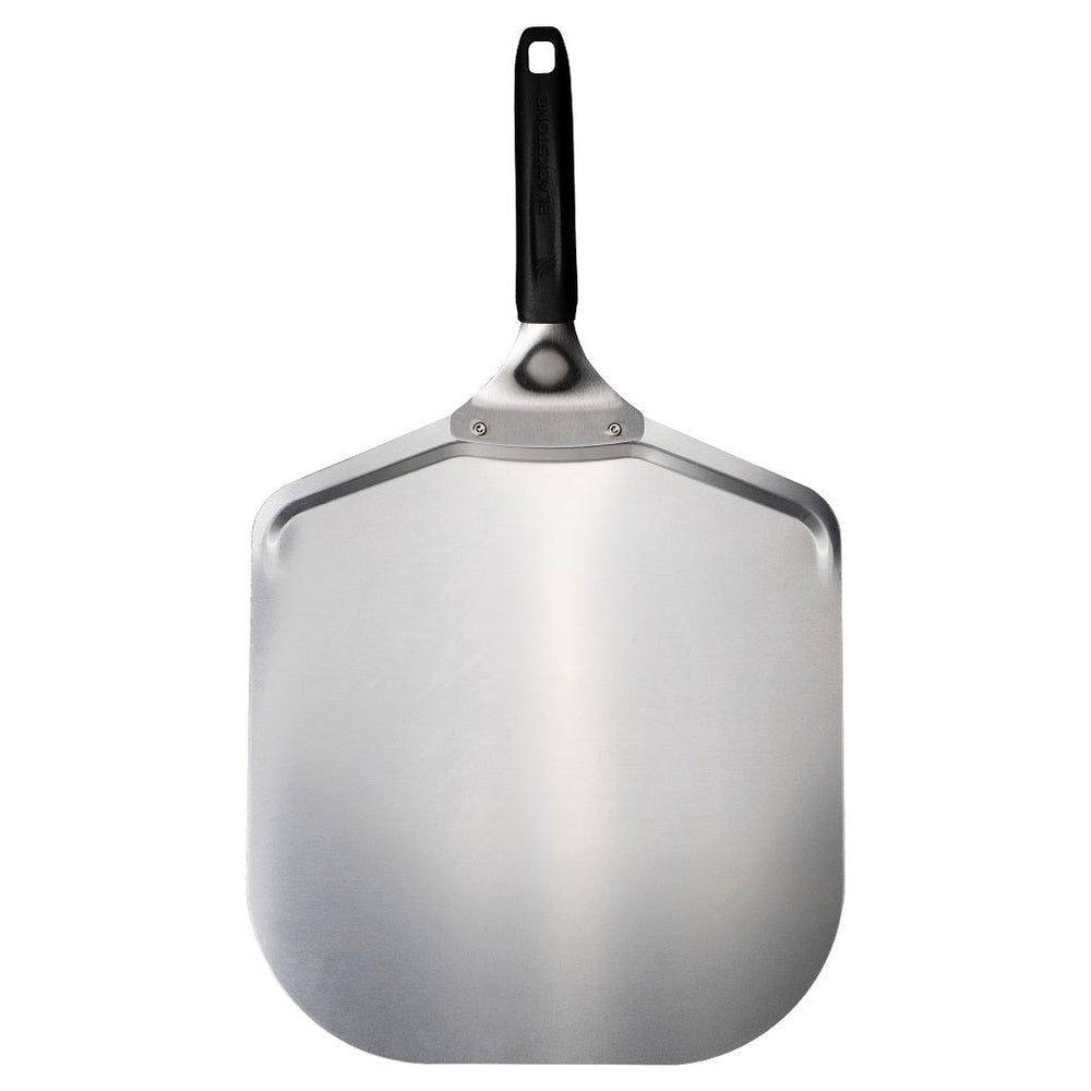 Blackstone aluminum pizza peel with non-slip black handle for sliding pizzas into portable pizza ovens