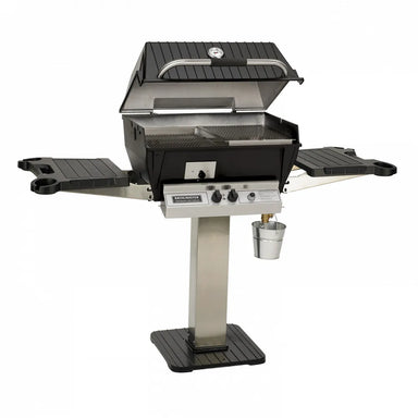 Broilmaster 25-inch Q3 series gas grill fully open on a post mount, showing drip bucket and folding side shelves